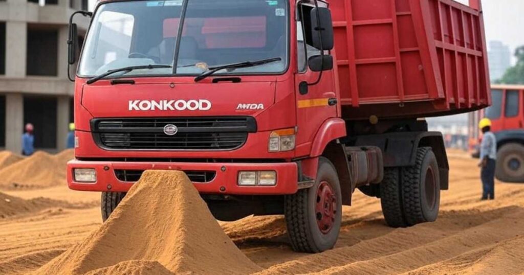 A vibrant photo of a Konkood Sand truck (e.g., 8-ton Isuzu Forward) unloading sand at a Kampala construction site, with workers and equipment in the background.