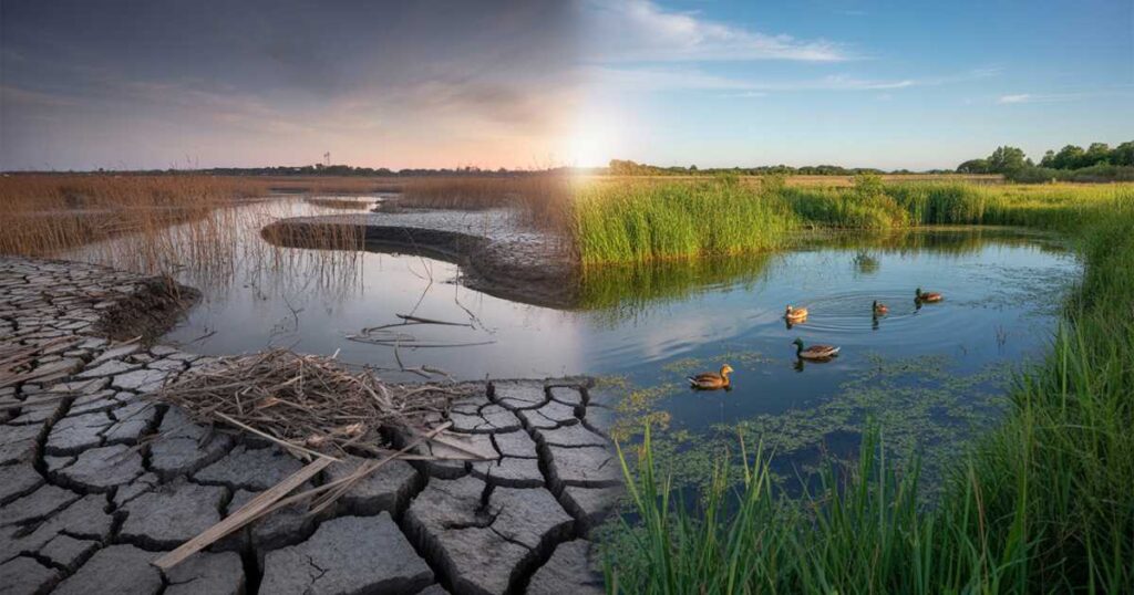 Before and after: Illegal sand mining damage versus a restored wetland in Uganda, showcasing the power of legal sourcing.