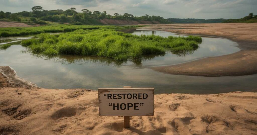 Restored sand mining site in Uganda with lush greenery and a flowing river, highlighting legal and sustainable practices.
