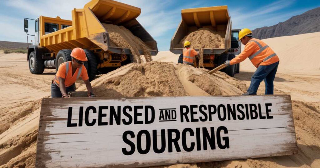 Konkood Sand workers load legally sourced sand at a responsible site in Kampala, supporting sustainable construction."