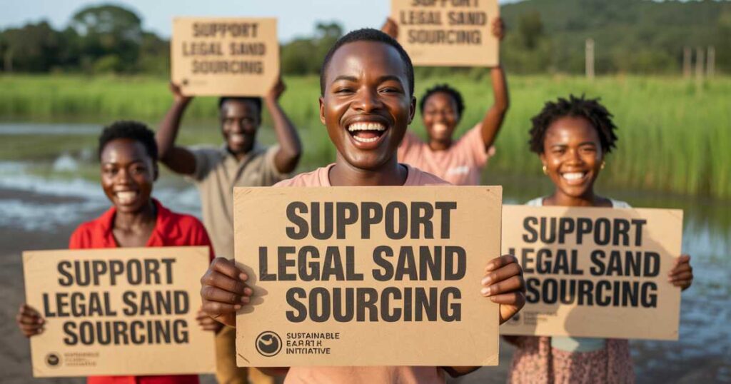 Community supports legal sand sourcing in Uganda, holding signs near a wetland to promote sustainability and responsibility.