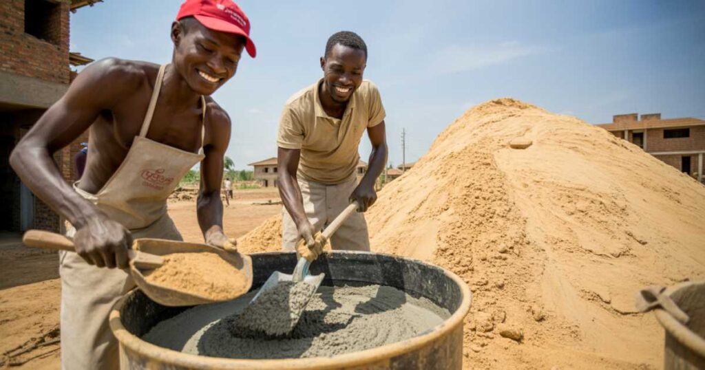 Workers mixing construction sand at a building site in Uganda, showcasing sand quality for construction.