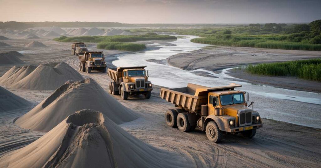 Lwera sand from Kampala being loaded onto trucks in the Lwera wetland, a key source for construction sand in Uganda.
