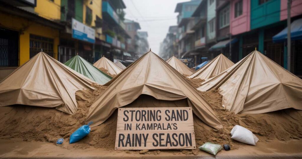 Storing sand in Kampala’s rainy season.