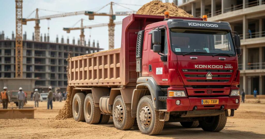 Konkood Sand’s 40-ton Howo Sinotruk for bulk sand delivery in Kampala.