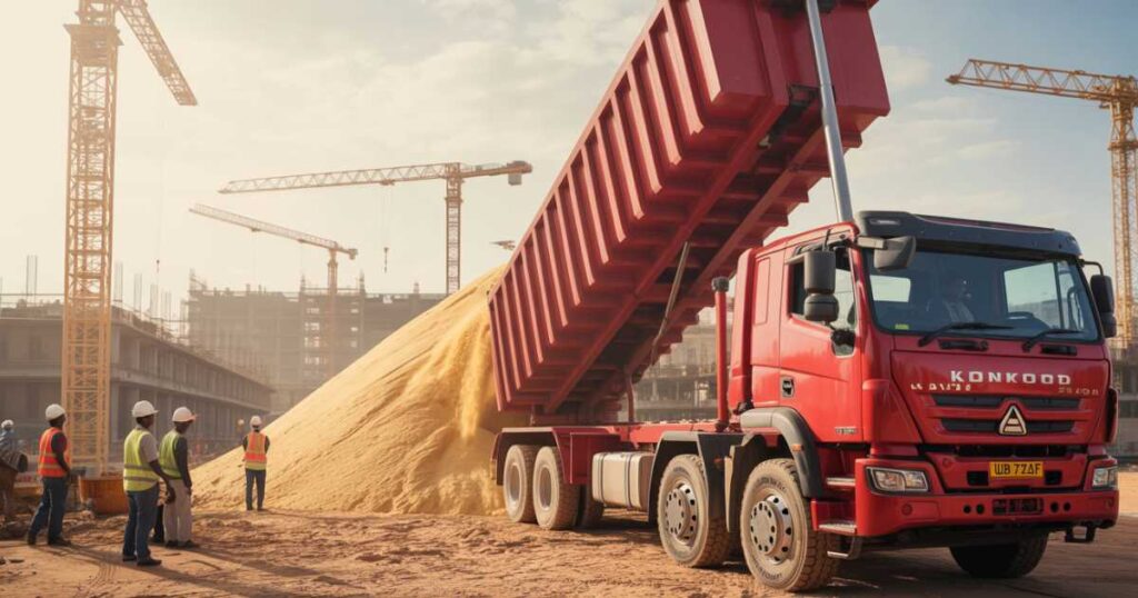 40-ton Howo Sinotruk delivering bulk sand in Kampala construction site.