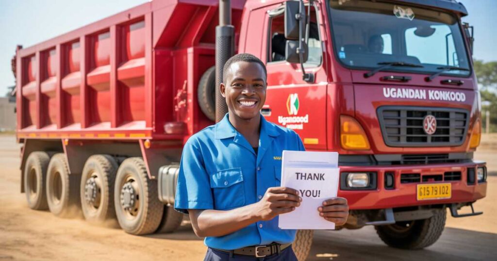 Konkood Sand driver with Howo Sinotruk for bulk sand delivery in Kampala.