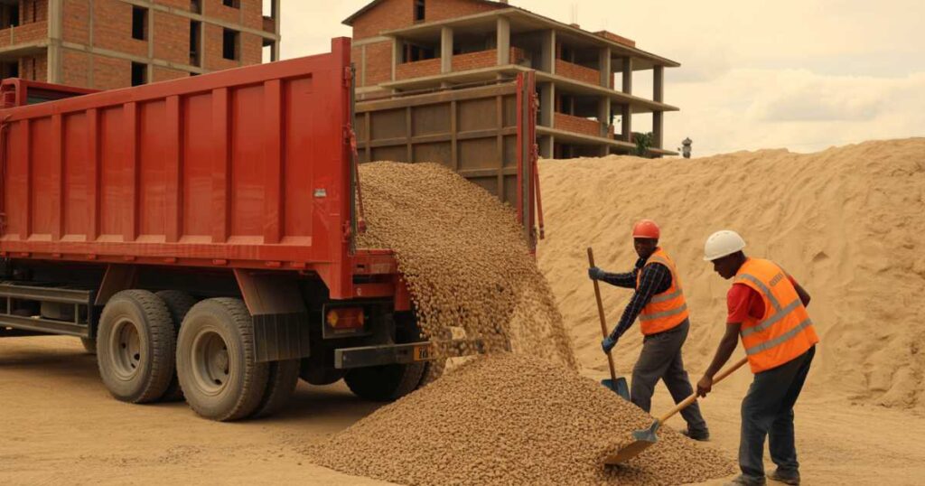 Busy construction site in Kampala with sand and gravel piles and a delivery truck in action.