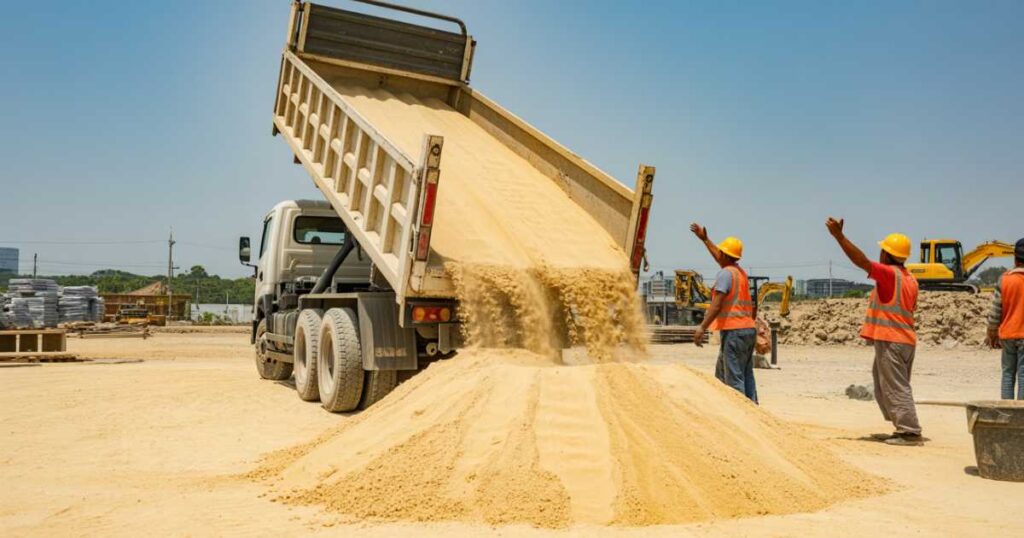 Truck delivering construction sand to a site in Wakiso, Central Region, for a building project.