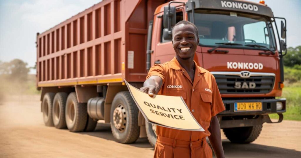 Worker offering a quote for affordable sand delivery in Uganda, with a loaded truck ready to go.