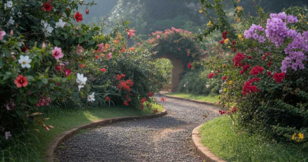 Stylish gravel garden path winding through a lush yard in Kampala, perfect for landscaping.