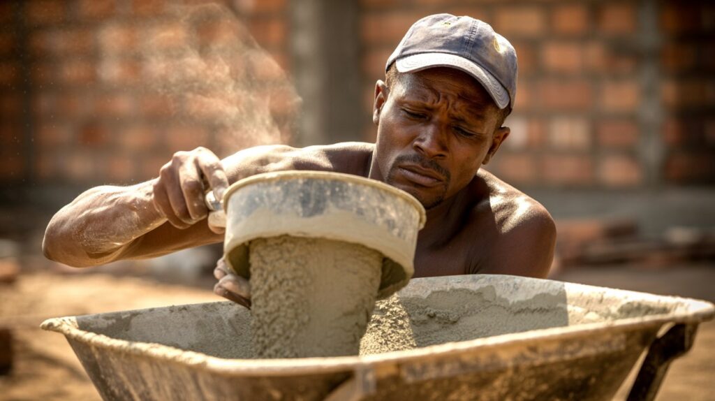 Worker mixing plaster sand and cement for a smooth wall finish at a Kampala construction site.