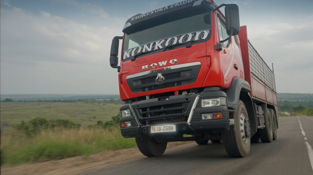Konkood Sinotruck hauling Lwera sand on Masaka Road with the swamp and Kampala skyline in view.