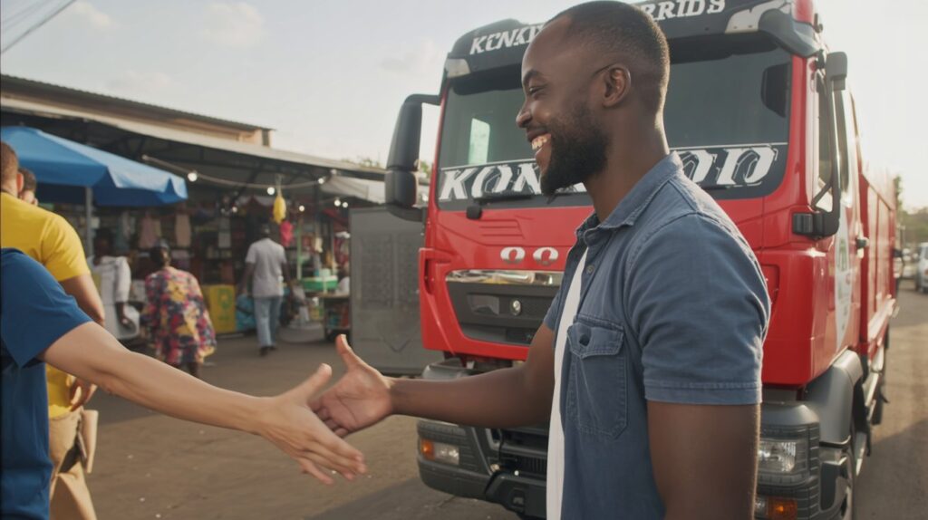 Konkood customer and driver shaking hands next to delivered sand at a Kampala construction site.