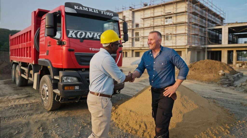 Konkood customer and driver shaking hands next to delivered sand at a Kampala construction site.